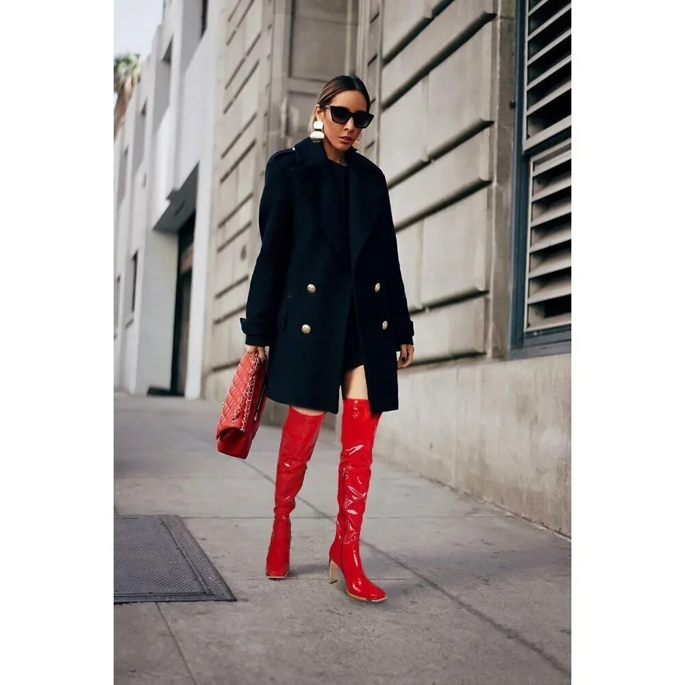 Women Qipired Synthetic Thigh High Latex Boots Square Toe Over The Knee Boots